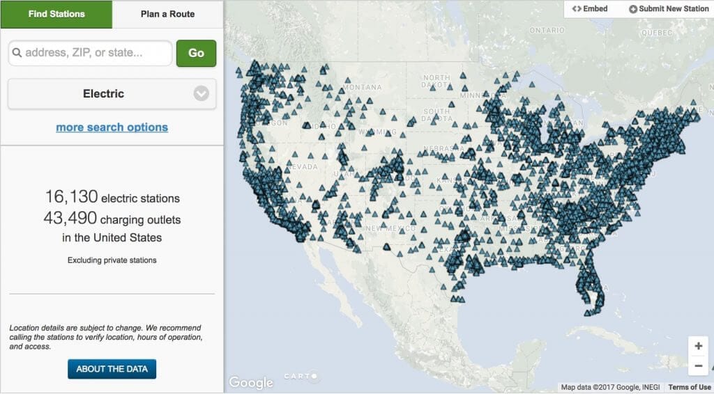 USA map with charging stations